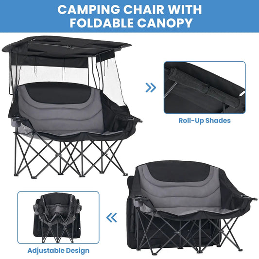 Oversized Folding Camping Loveseat with Shade Canopy – Padded Outdoor Double Chair for Camping, Picnics & Backyard Relaxing