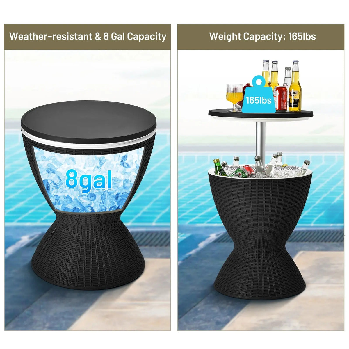 3-in-1 Outdoor Bar & Cooler Table – Adjustable-Height Ice Chest with Rattan-Style Finish, Drainage Plug & 4/8/10-Gallon Capacity, Perfect for Pool Parties, Patios & Backyard Entertaining