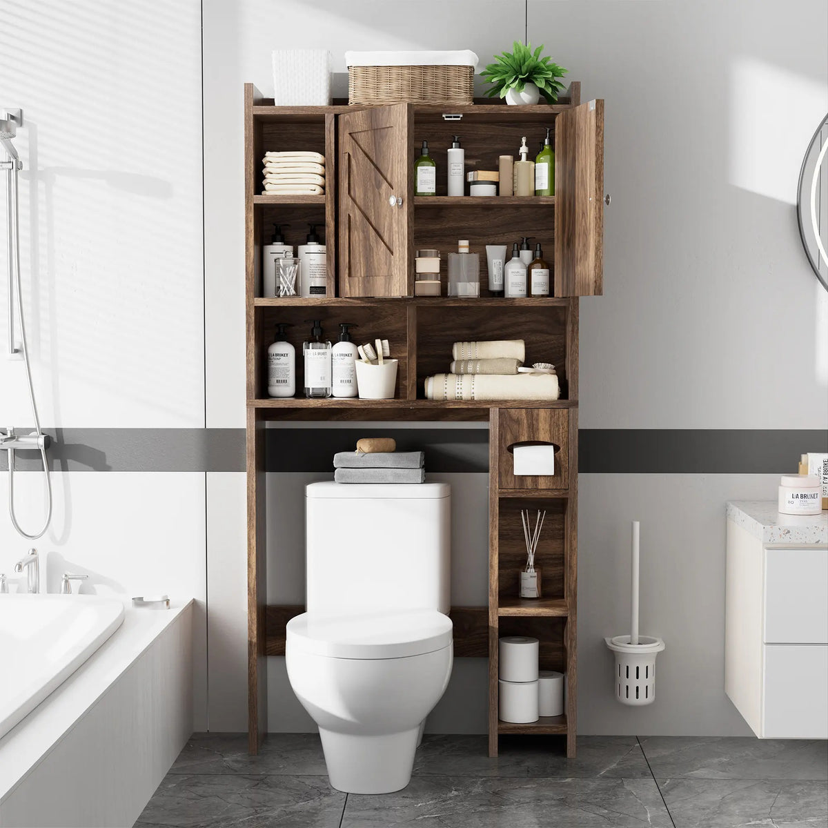 Over-the-Toilet Storage Cabinet – Farmhouse Bathroom Organizer with 2 Barn Doors & Built-In Toilet Paper Holder, Space-Saving Toilet Storage Rack for Bathroom & Laundry Room