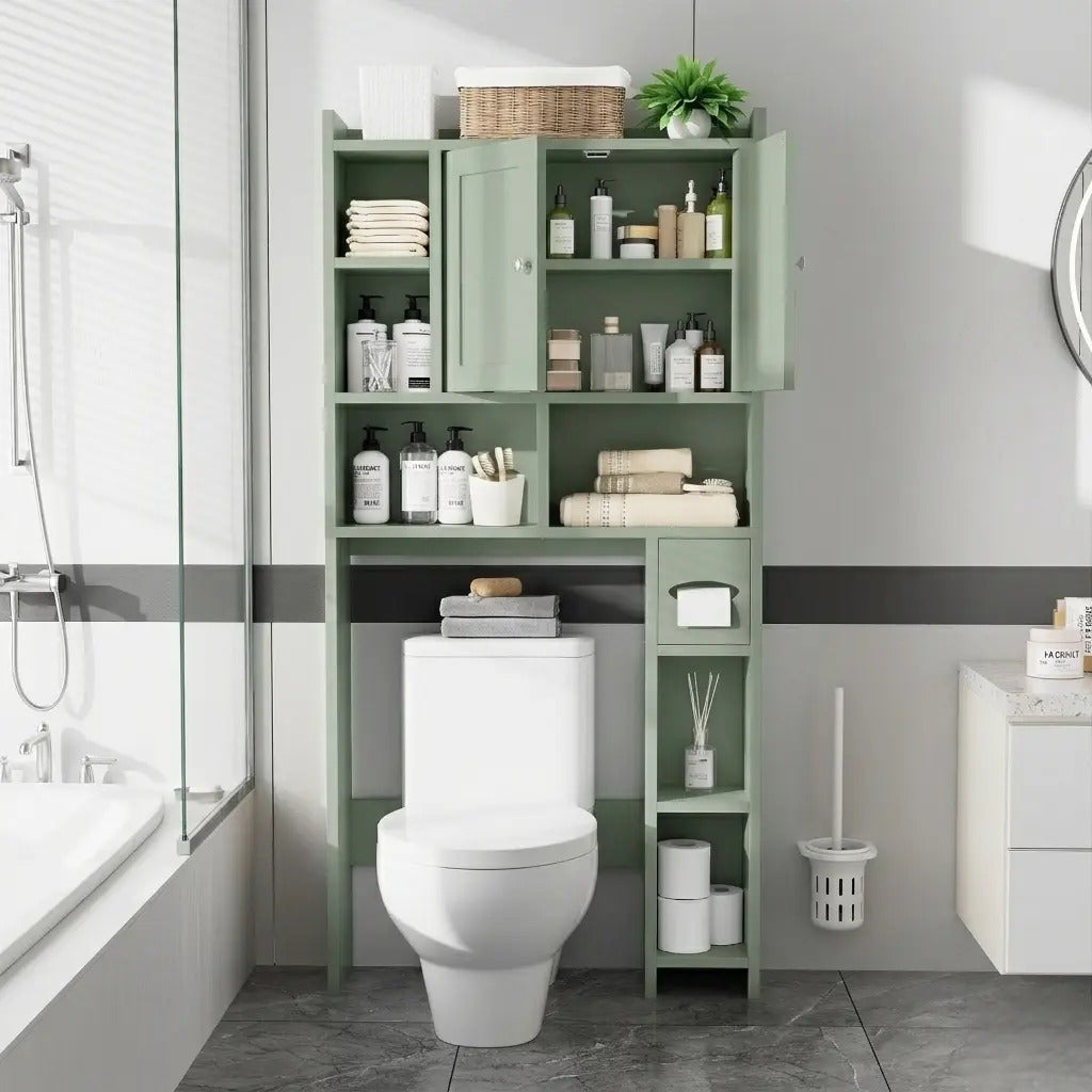 Over-the-Toilet Storage Cabinet – Farmhouse Bathroom Organizer with 2 Barn Doors & Built-In Toilet Paper Holder, Space-Saving Toilet Storage Rack for Bathroom & Laundry Room