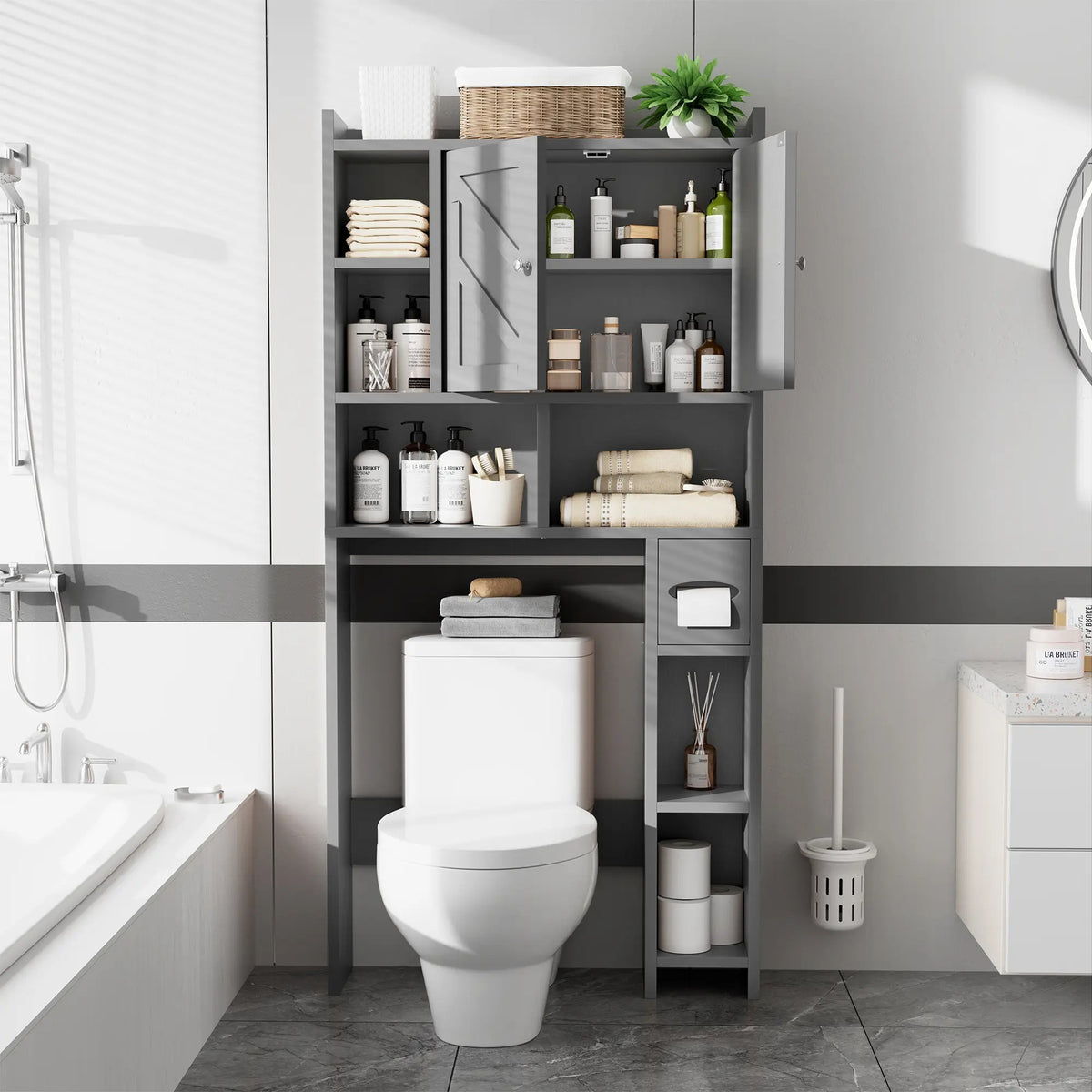 Over-the-Toilet Storage Cabinet – Farmhouse Bathroom Organizer with 2 Barn Doors & Built-In Toilet Paper Holder, Space-Saving Toilet Storage Rack for Bathroom & Laundry Room