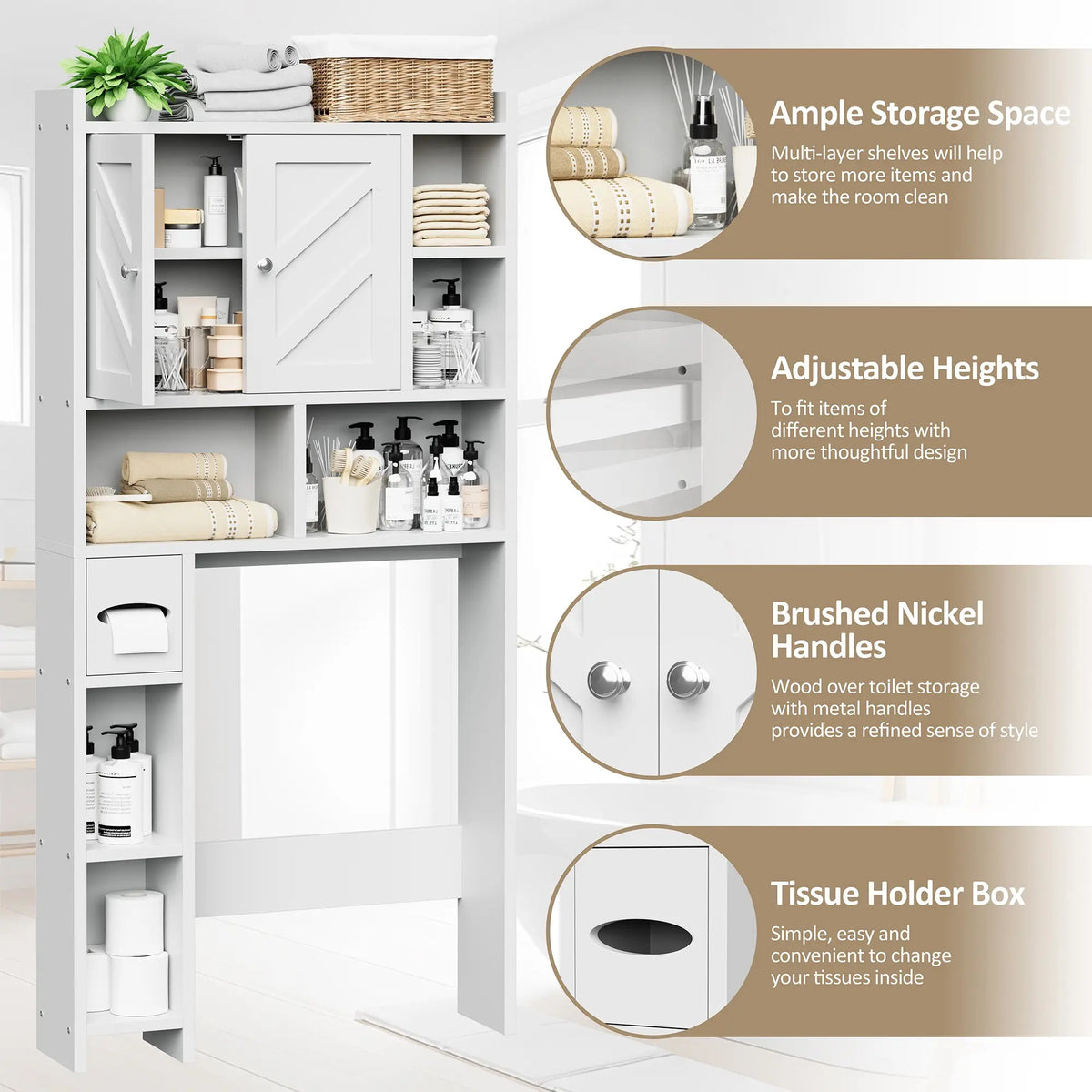 Over-the-Toilet Storage Cabinet – Farmhouse Bathroom Organizer with 2 Barn Doors & Built-In Toilet Paper Holder, Space-Saving Toilet Storage Rack for Bathroom & Laundry Room