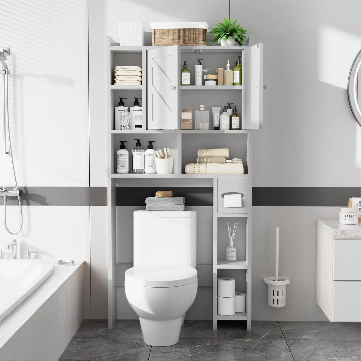 Over-the-Toilet Storage Cabinet – Farmhouse Bathroom Organizer with 2 Barn Doors & Built-In Toilet Paper Holder, Space-Saving Toilet Storage Rack for Bathroom & Laundry Room