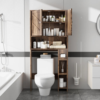 Over-the-Toilet Storage Cabinet – Farmhouse Bathroom Organizer with 2 Barn Doors & Built-In Toilet Paper Holder, Space-Saving Toilet Storage Rack for Bathroom & Laundry Room