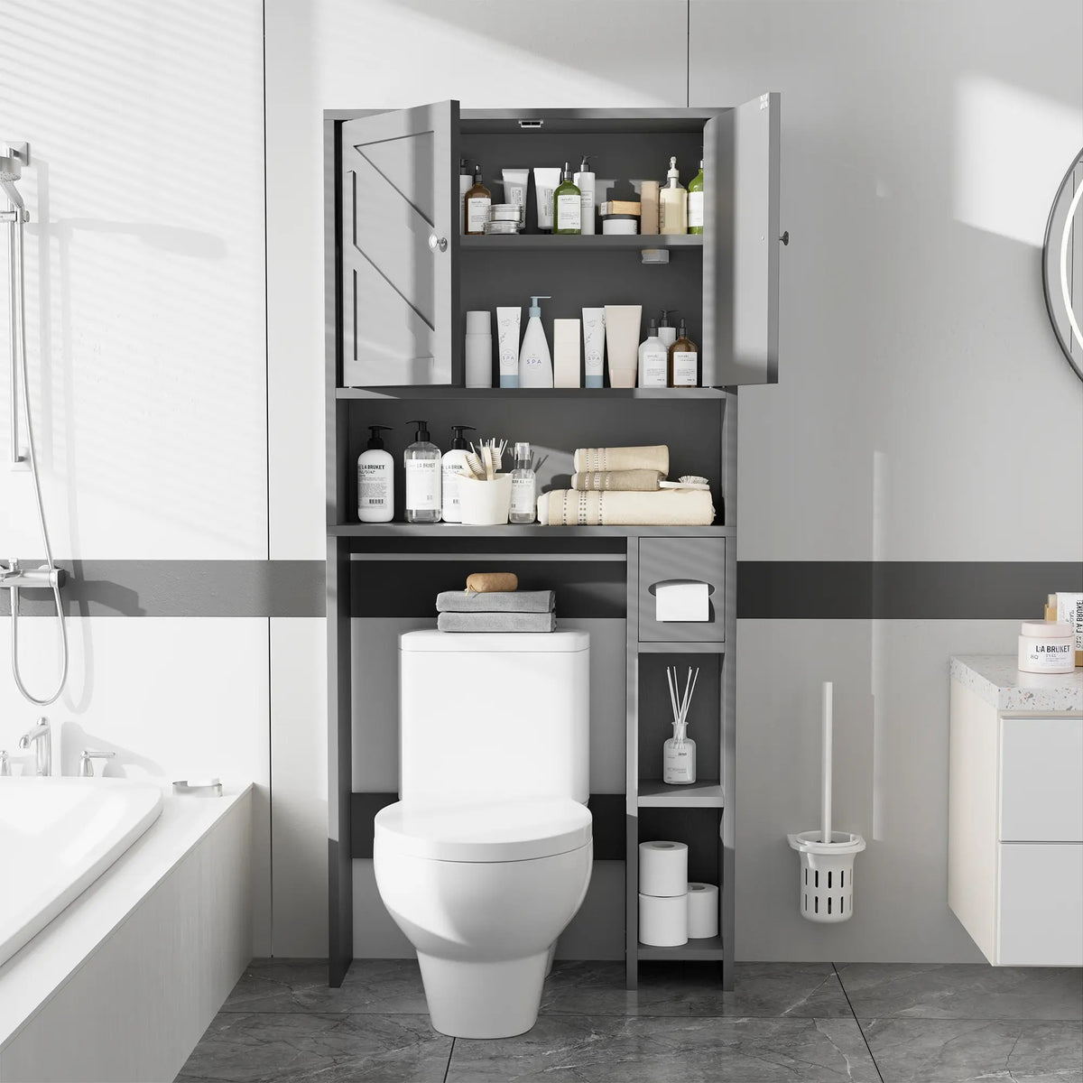 Over-the-Toilet Storage Cabinet – Farmhouse Bathroom Organizer with 2 Barn Doors & Built-In Toilet Paper Holder, Space-Saving Toilet Storage Rack for Bathroom & Laundry Room