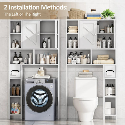 Over-the-Toilet Storage Cabinet – Farmhouse Bathroom Organizer with 2 Barn Doors & Built-In Toilet Paper Holder, Space-Saving Toilet Storage Rack for Bathroom & Laundry Room