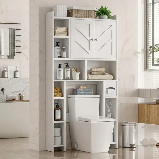 Over-the-Toilet Storage Cabinet – Farmhouse Bathroom Organizer with 2 Barn Doors & Built-In Toilet Paper Holder, Space-Saving Toilet Storage Rack for Bathroom & Laundry Room