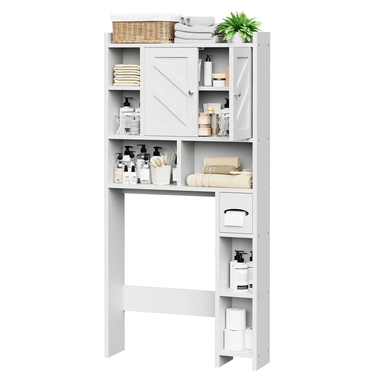 Over-the-Toilet Storage Cabinet – Farmhouse Bathroom Organizer with 2 Barn Doors & Built-In Toilet Paper Holder, Space-Saving Toilet Storage Rack for Bathroom & Laundry Room