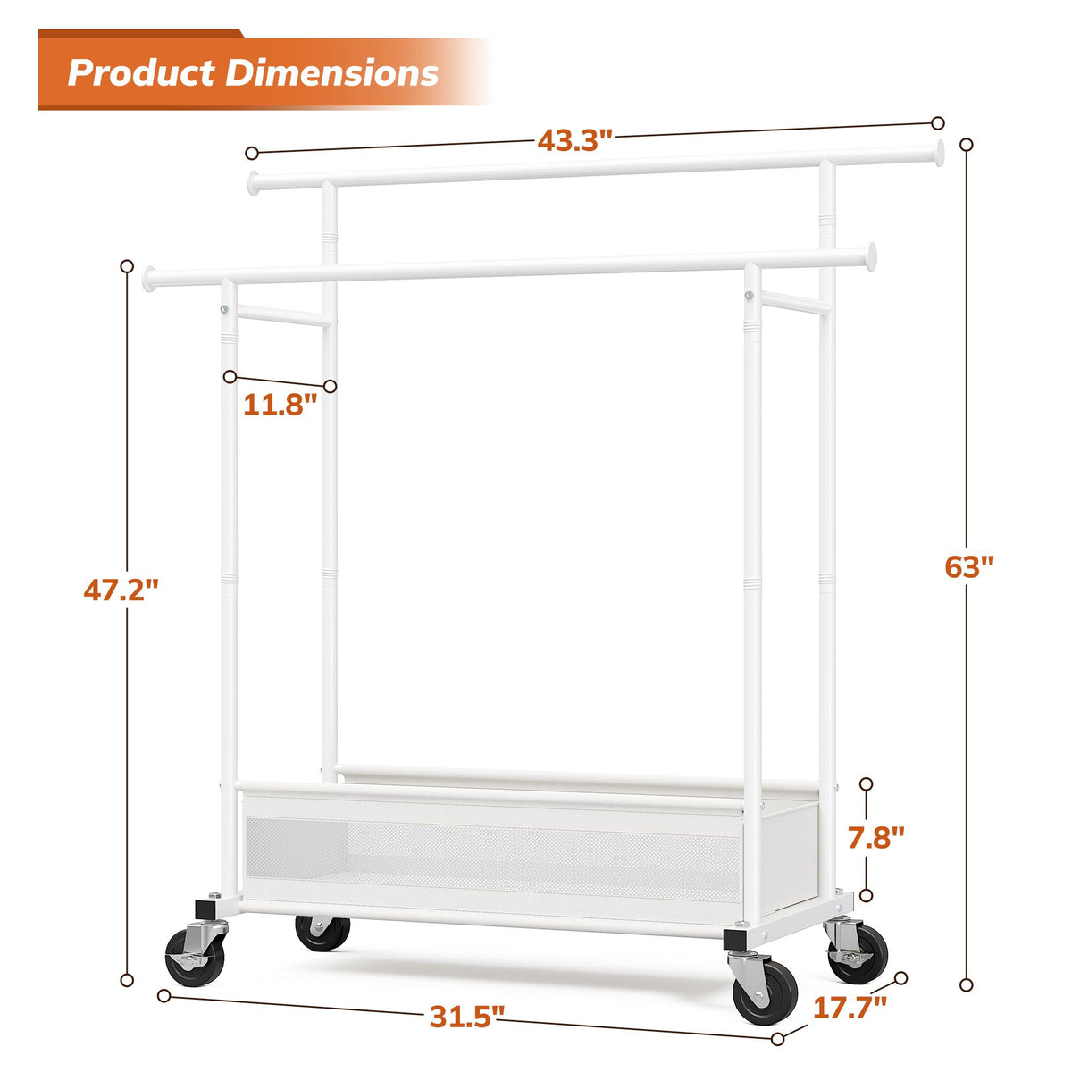 Heavy Duty Clothing Racks with Net Pocket Holds Up to 210lbs,Double Rod Metal Clothes Rack for Hanging, Rolling Garment Rack with Wheels Portable Closet Racks for Bedroom, Laundry Room,Dorm, Black, White, Gold