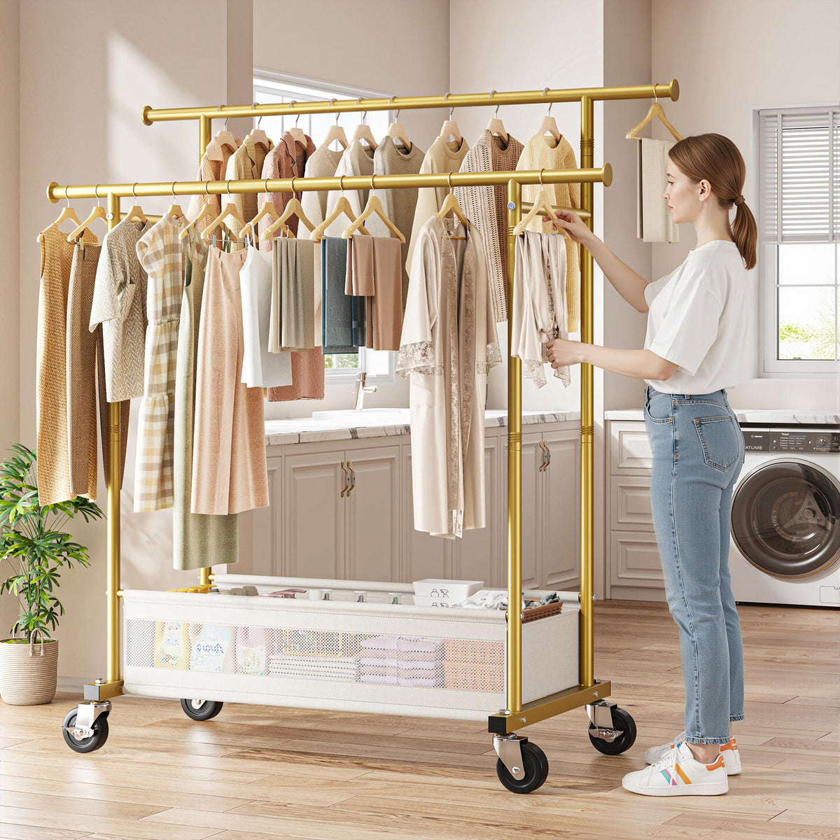 Heavy Duty Clothing Racks with Net Pocket Holds Up to 210lbs,Double Rod Metal Clothes Rack for Hanging, Rolling Garment Rack with Wheels Portable Closet Racks for Bedroom, Laundry Room,Dorm, Black, White, Gold