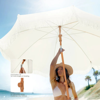 7ft Patio Beach Umbrella with Fringe, UPF 50+ Canopy, 8 High Wind Proof Fiberglass Ribs, Fully Assembled, Carry Bag Available Outdoor Aesthetic Round
