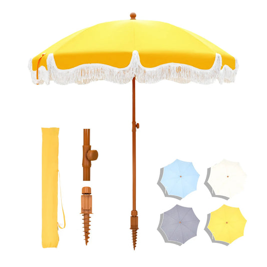 7ft Patio Beach Umbrella with Fringe, UPF 50+ Canopy, 8 High Wind Proof Fiberglass Ribs, Fully Assembled, Carry Bag Available Outdoor Aesthetic Round