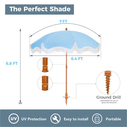 7ft Patio Beach Umbrella with Fringe, UPF 50+ Canopy, 8 High Wind Proof Fiberglass Ribs, Fully Assembled, Carry Bag Available Outdoor Aesthetic Round