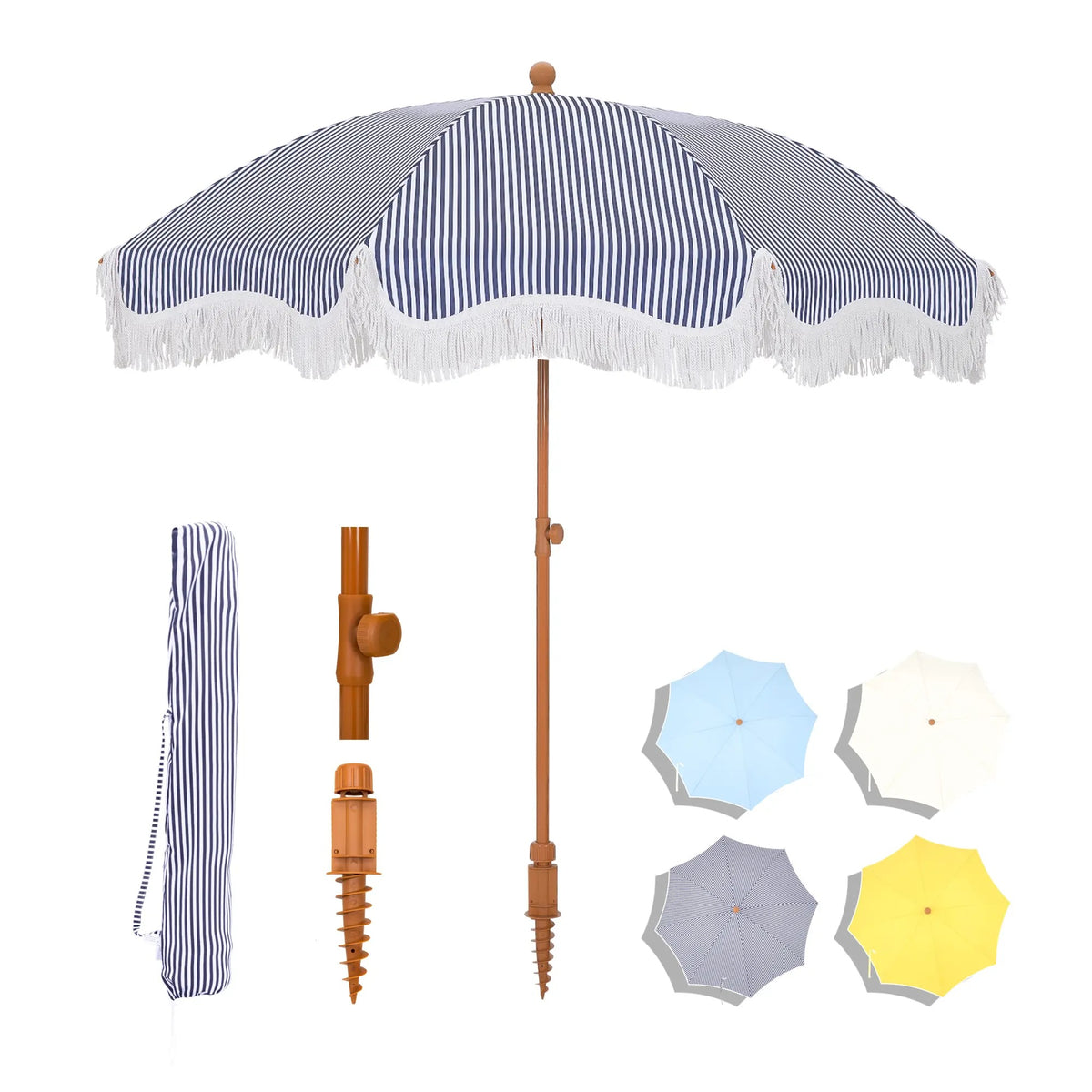 7ft Patio Beach Umbrella with Fringe, UPF 50+ Canopy, 8 High Wind Proof Fiberglass Ribs, Fully Assembled, Carry Bag Available Outdoor Aesthetic Round