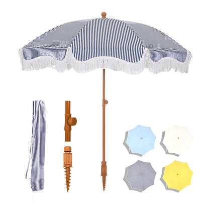 7ft Patio Beach Umbrella with Fringe, UPF 50+ Canopy, 8 High Wind Proof Fiberglass Ribs, Fully Assembled, Carry Bag Available Outdoor Aesthetic Round