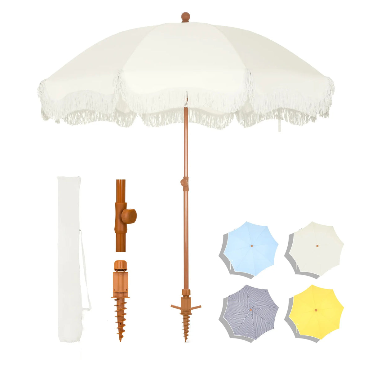 7ft Patio Beach Umbrella with Fringe, UPF 50+ Canopy, 8 High Wind Proof Fiberglass Ribs, Fully Assembled, Carry Bag Available Outdoor Aesthetic Round