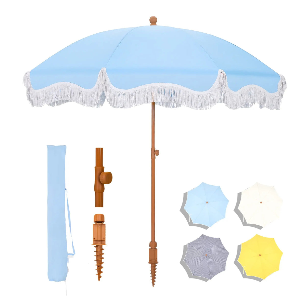7ft Patio Beach Umbrella with Fringe, UPF 50+ Canopy, 8 High Wind Proof Fiberglass Ribs, Fully Assembled, Carry Bag Available Outdoor Aesthetic Round