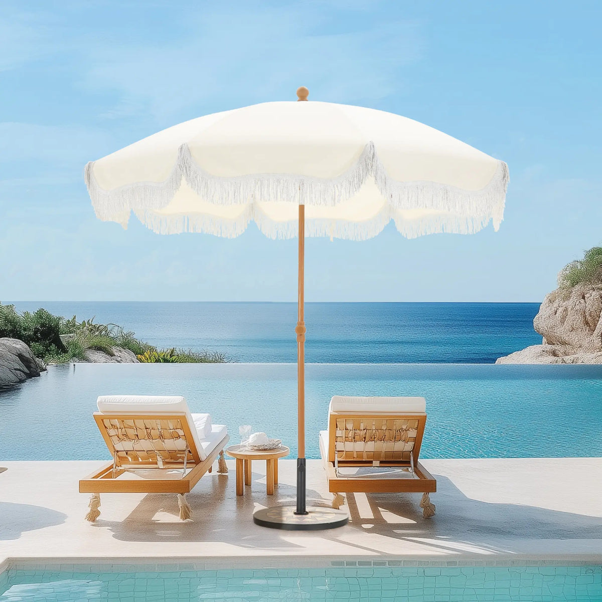 7ft Patio Beach Umbrella with Fringe, UPF 50+ Canopy, 8 High Wind Proof Fiberglass Ribs, Fully Assembled, Carry Bag Available Outdoor Aesthetic Round
