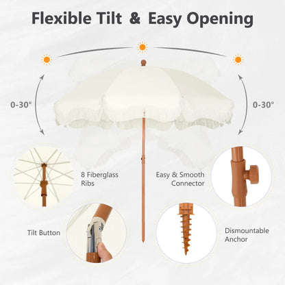 7ft Patio Beach Umbrella with Fringe, UPF 50+ Canopy, 8 High Wind Proof Fiberglass Ribs, Fully Assembled, Carry Bag Available Outdoor Aesthetic Round
