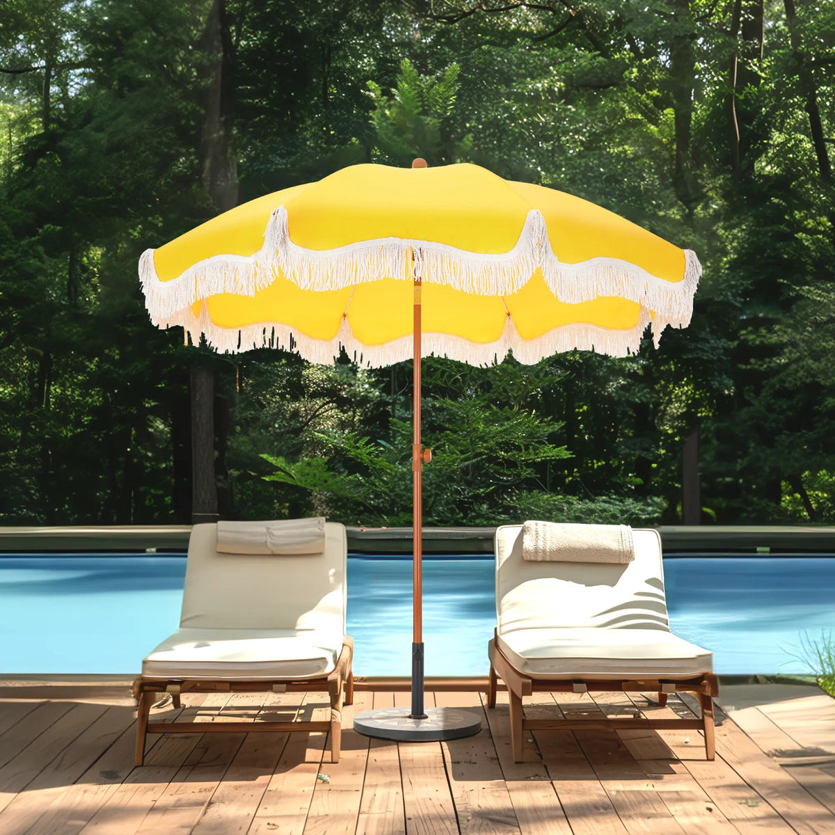 7ft Patio Beach Umbrella with Fringe, UPF 50+ Canopy, 8 High Wind Proof Fiberglass Ribs, Fully Assembled, Carry Bag Available Outdoor Aesthetic Round