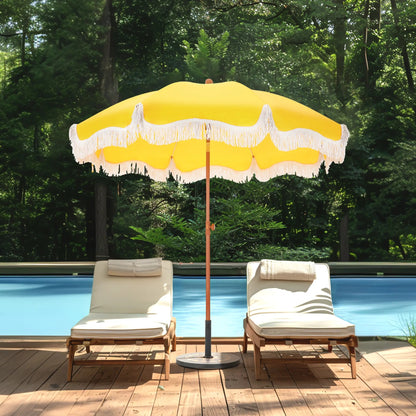 7ft Patio Beach Umbrella with Fringe, UPF 50+ Canopy, 8 High Wind Proof Fiberglass Ribs, Fully Assembled, Carry Bag Available Outdoor Aesthetic Round