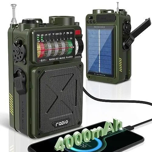 4000mAh NOAA Weather Emergency Radio, AM/FM/WB/SW, Bluetooth, Flashlight, SOS & Solar Power for Hurricane Preparedness & Outdoor Survival Springtok Audio Portable winter storm