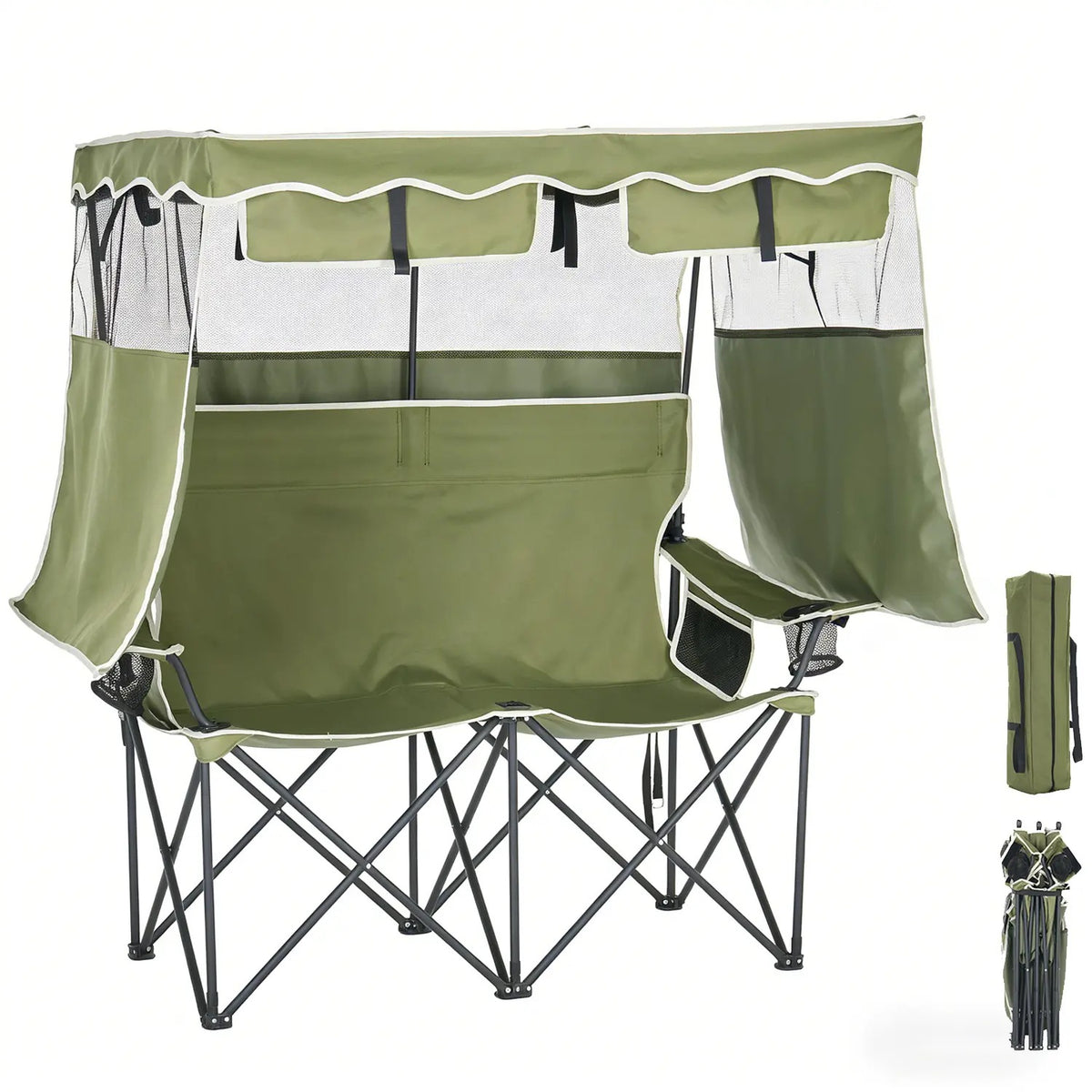 Oversized Folding Camping Loveseat with Shade Canopy – Padded Outdoor Double Chair for Camping, Picnics & Backyard Relaxing