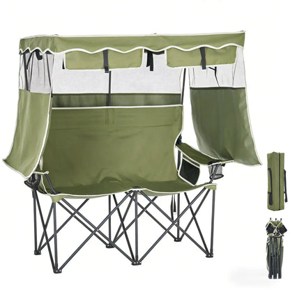 Oversized Folding Camping Loveseat with Shade Canopy – Padded Outdoor Double Chair for Camping, Picnics & Backyard Relaxing