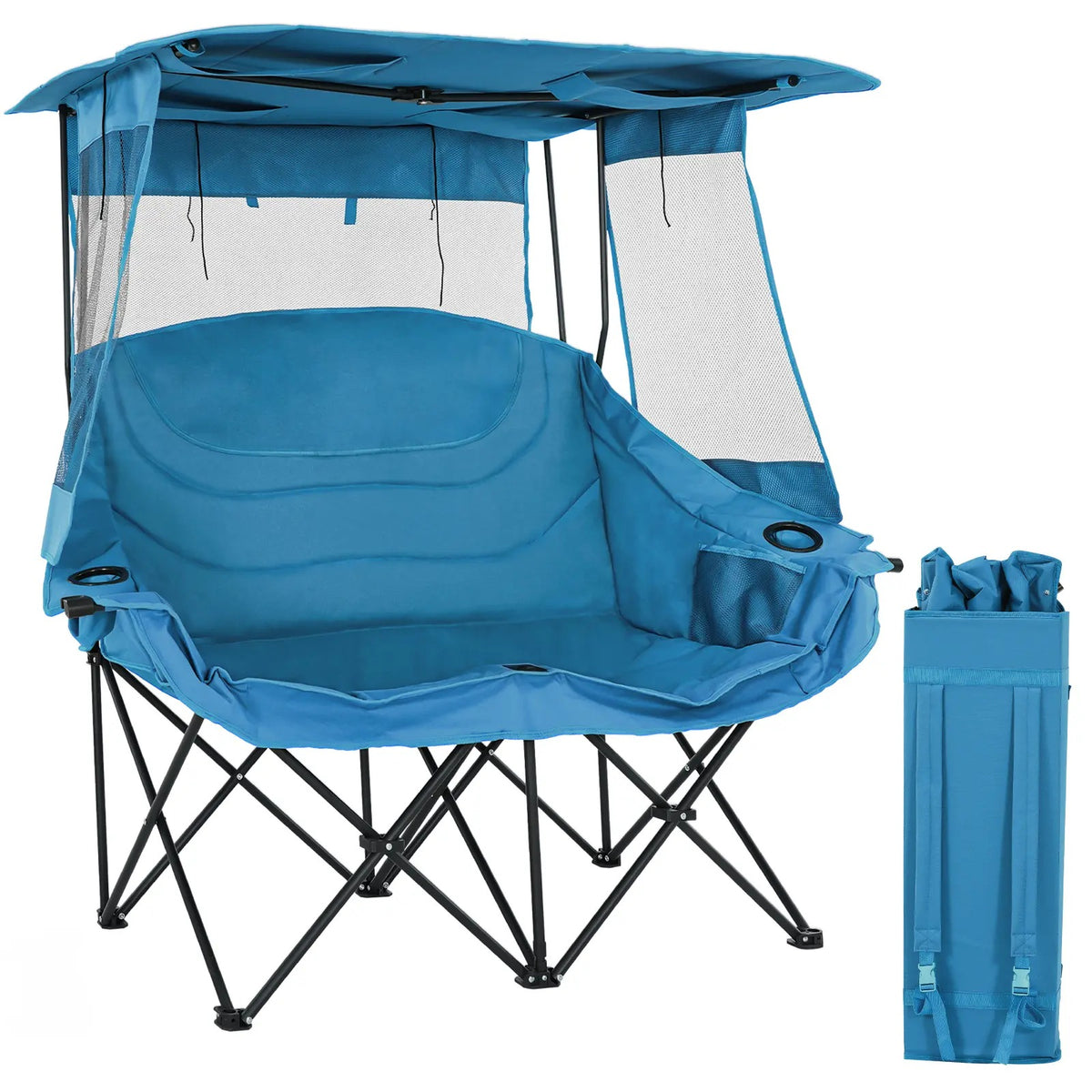 Oversized Folding Camping Loveseat with Shade Canopy – Padded Outdoor Double Chair for Camping, Picnics & Backyard Relaxing