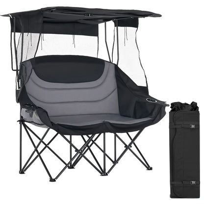 Oversized Folding Camping Loveseat with Shade Canopy – Padded Outdoor Double Chair for Camping, Picnics & Backyard Relaxing