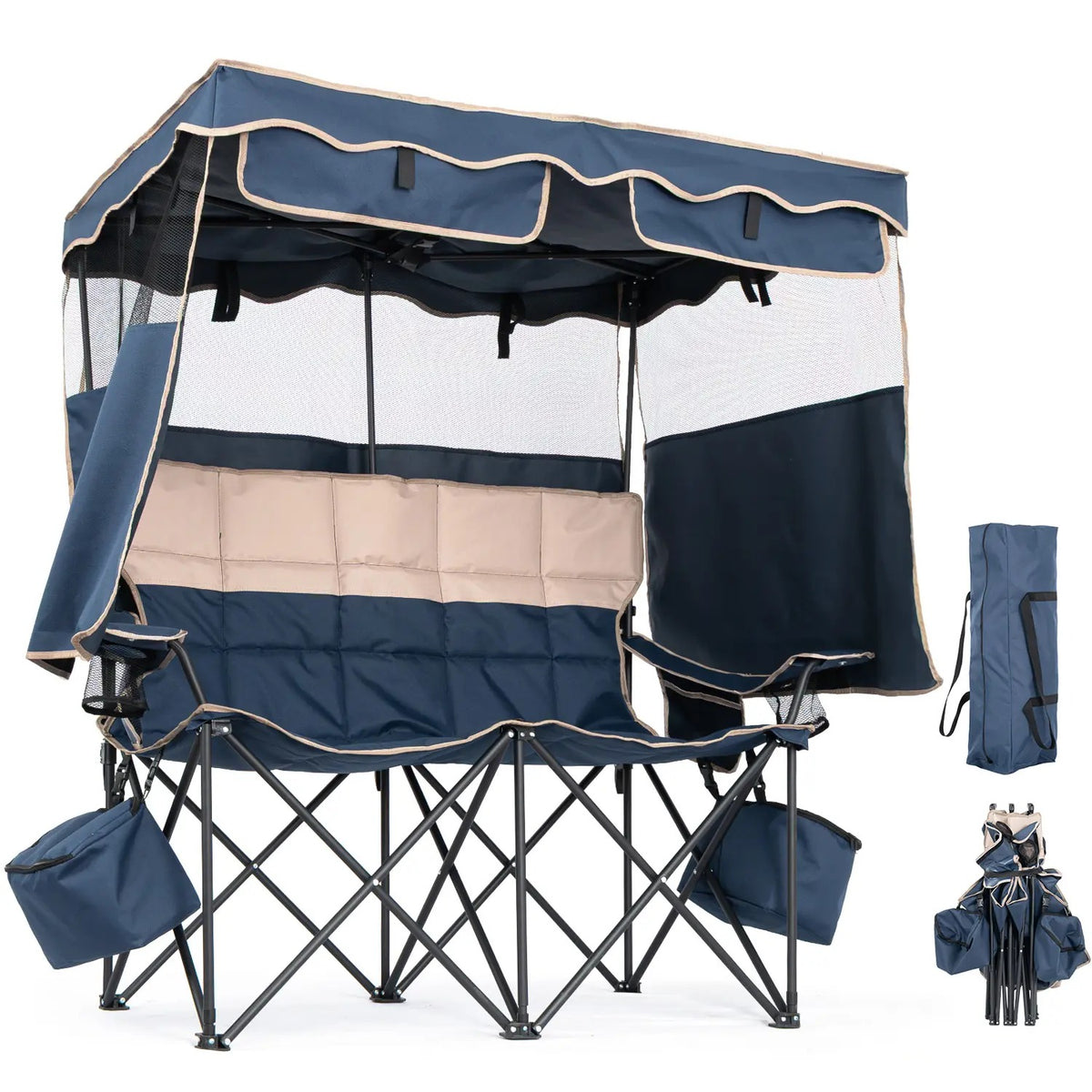 Oversized Folding Camping Loveseat with Shade Canopy – Padded Outdoor Double Chair for Camping, Picnics & Backyard Relaxing