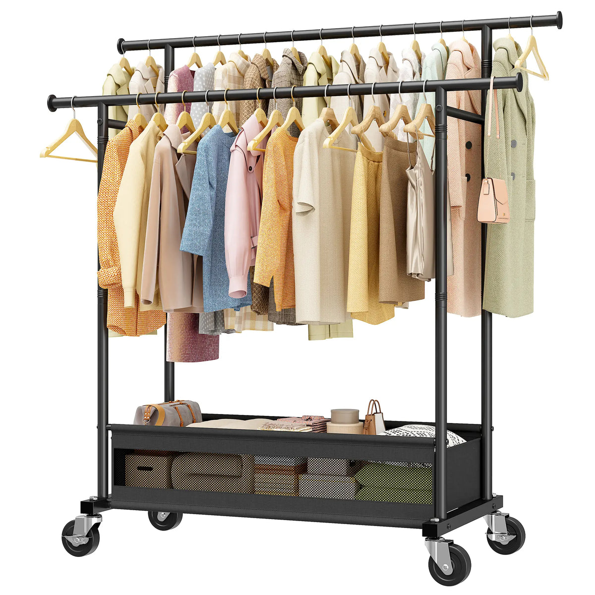 Heavy Duty Clothing Racks with Net Pocket Holds Up to 210lbs,Double Rod Metal Clothes Rack for Hanging, Rolling Garment Rack with Wheels Portable Closet Racks for Bedroom, Laundry Room,Dorm, Black, White, Gold