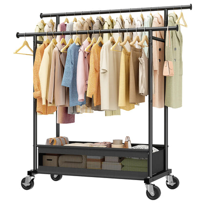 Heavy Duty Clothing Racks with Net Pocket Holds Up to 210lbs,Double Rod Metal Clothes Rack for Hanging, Rolling Garment Rack with Wheels Portable Closet Racks for Bedroom, Laundry Room,Dorm, Black, White, Gold