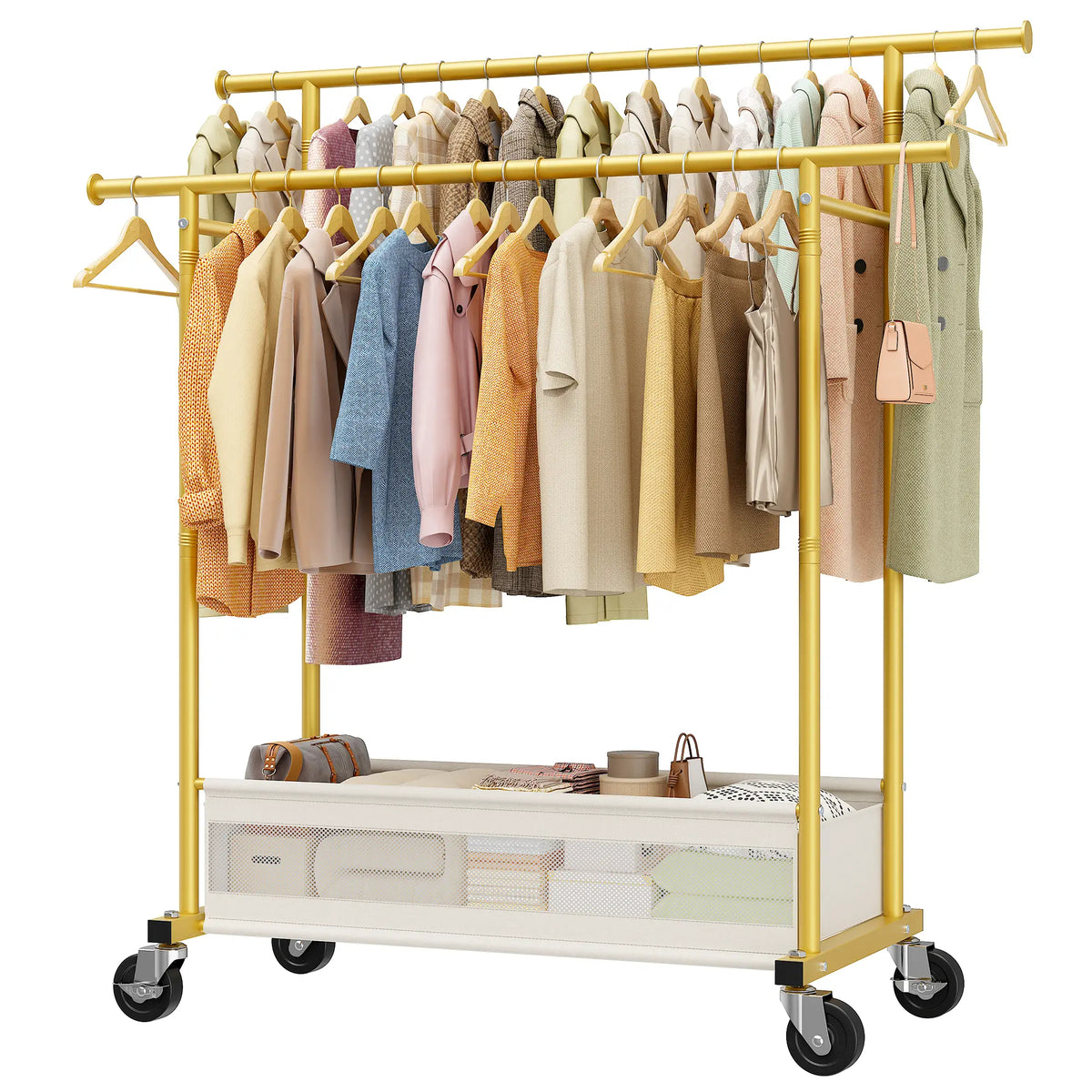 Heavy Duty Clothing Racks with Net Pocket Holds Up to 210lbs,Double Rod Metal Clothes Rack for Hanging, Rolling Garment Rack with Wheels Portable Closet Racks for Bedroom, Laundry Room,Dorm, Black, White, Gold