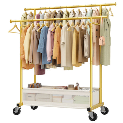 Heavy Duty Clothing Racks with Net Pocket Holds Up to 210lbs,Double Rod Metal Clothes Rack for Hanging, Rolling Garment Rack with Wheels Portable Closet Racks for Bedroom, Laundry Room,Dorm, Black, White, Gold