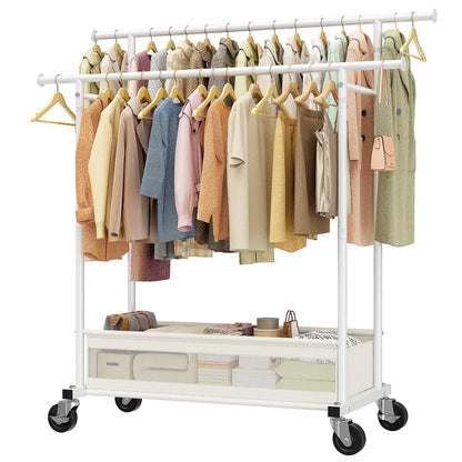 Heavy Duty Clothing Racks with Net Pocket Holds Up to 210lbs,Double Rod Metal Clothes Rack for Hanging, Rolling Garment Rack with Wheels Portable Closet Racks for Bedroom, Laundry Room,Dorm, Black, White, Gold