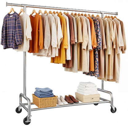 Heavy Duty Clothing Racks with Net Pocket Holds Up to 210lbs,Double Rod Metal Clothes Rack for Hanging, Rolling Garment Rack with Wheels Portable Closet Racks for Bedroom, Laundry Room,Dorm, Black, White, Gold