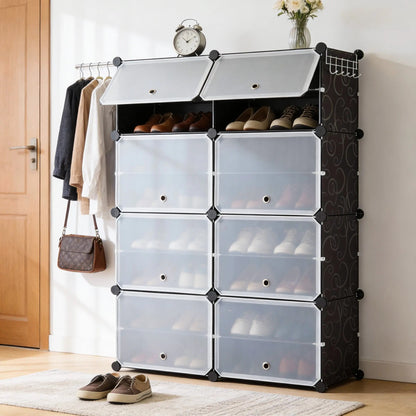6/8-Tier Shoe Storage Organizer – Holds 24/32 Pairs, Sturdy Metal Frame with Side Hooks & Panel Shelves, Space-Saving Shoe Rack for Closets, Dorm Rooms, Apartments & Entryways