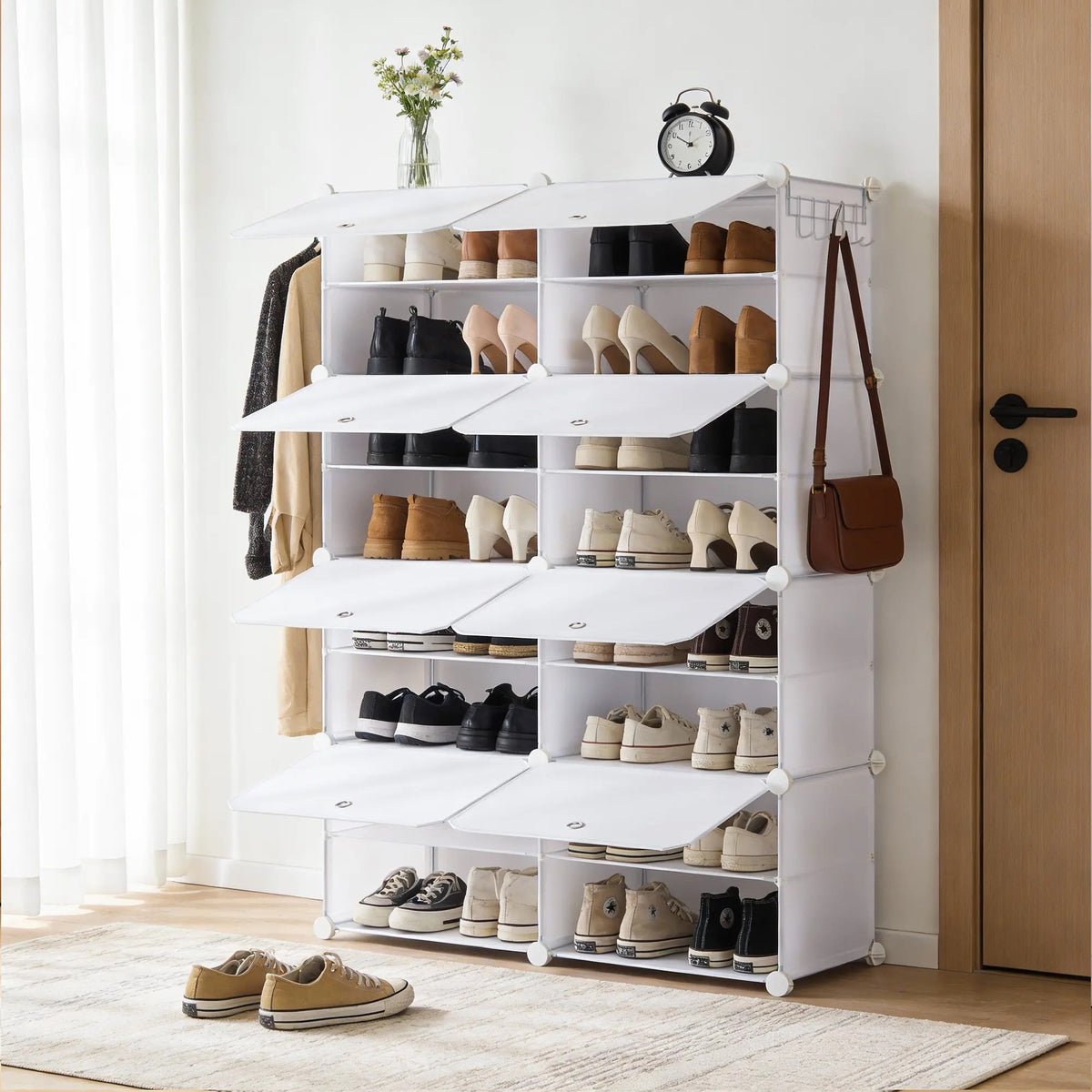 6/8-Tier Shoe Storage Organizer – Holds 24/32 Pairs, Sturdy Metal Frame with Side Hooks & Panel Shelves, Space-Saving Shoe Rack for Closets, Dorm Rooms, Apartments & Entryways