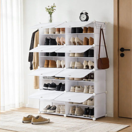 6/8-Tier Shoe Storage Organizer – Holds 24/32 Pairs, Sturdy Metal Frame with Side Hooks & Panel Shelves, Space-Saving Shoe Rack for Closets, Dorm Rooms, Apartments & Entryways