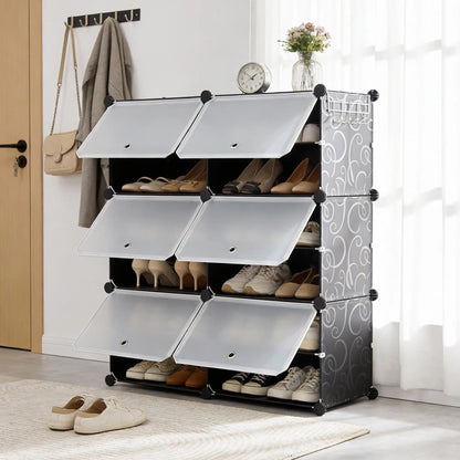 6/8-Tier Shoe Storage Organizer – Holds 24/32 Pairs, Sturdy Metal Frame with Side Hooks & Panel Shelves, Space-Saving Shoe Rack for Closets, Dorm Rooms, Apartments & Entryways