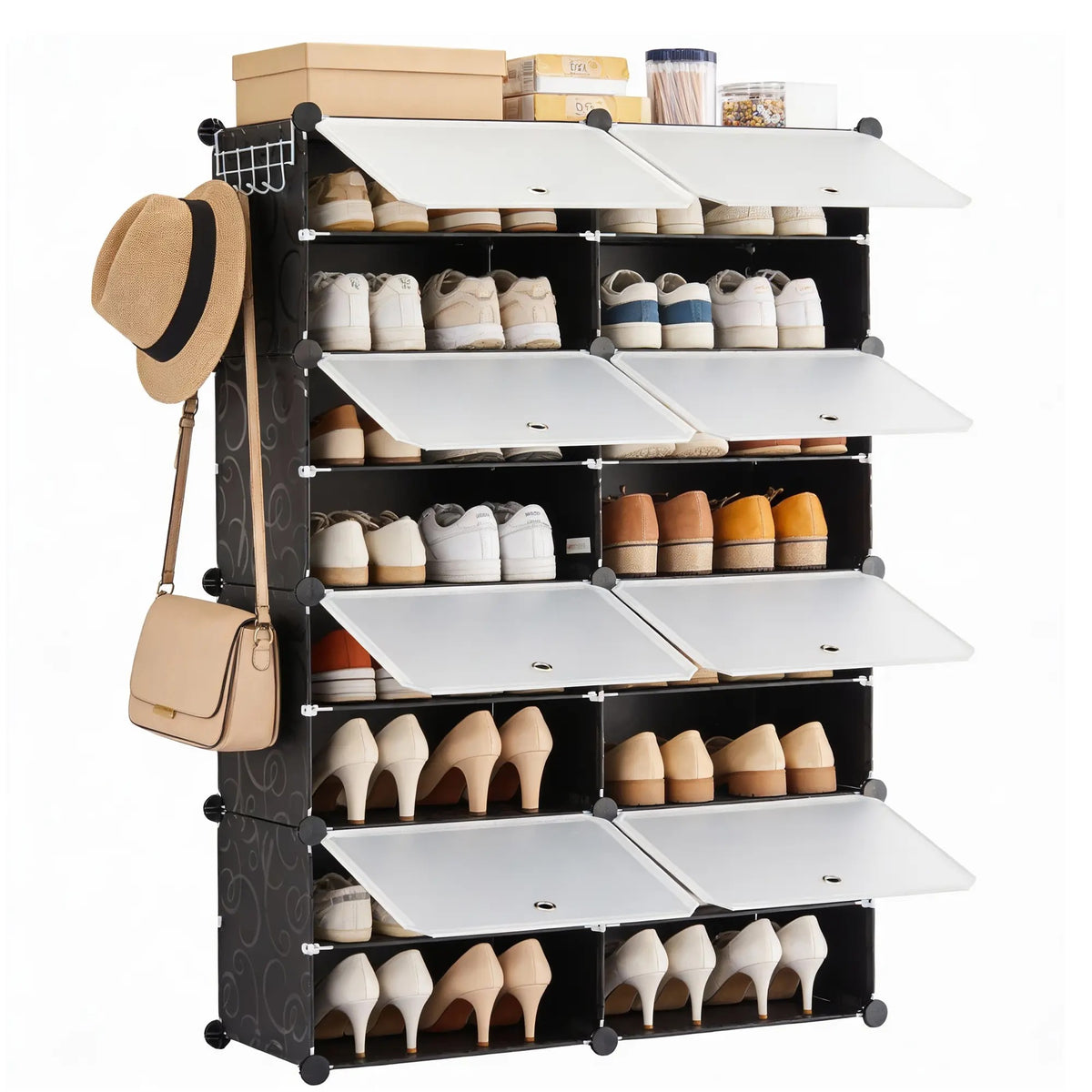 6/8-Tier Shoe Storage Organizer – Holds 24/32 Pairs, Sturdy Metal Frame with Side Hooks & Panel Shelves, Space-Saving Shoe Rack for Closets, Dorm Rooms, Apartments & Entryways