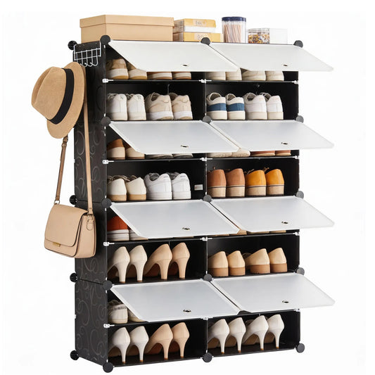 6/8-Tier Shoe Storage Organizer – Holds 24/32 Pairs, Sturdy Metal Frame with Side Hooks & Panel Shelves, Space-Saving Shoe Rack for Closets, Dorm Rooms, Apartments & Entryways