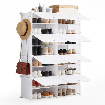 6/8-Tier Shoe Storage Organizer – Holds 24/32 Pairs, Sturdy Metal Frame with Side Hooks & Panel Shelves, Space-Saving Shoe Rack for Closets, Dorm Rooms, Apartments & Entryways