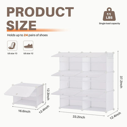 6/8-Tier Shoe Storage Organizer – Holds 24/32 Pairs, Sturdy Metal Frame with Side Hooks & Panel Shelves, Space-Saving Shoe Rack for Closets, Dorm Rooms, Apartments & Entryways