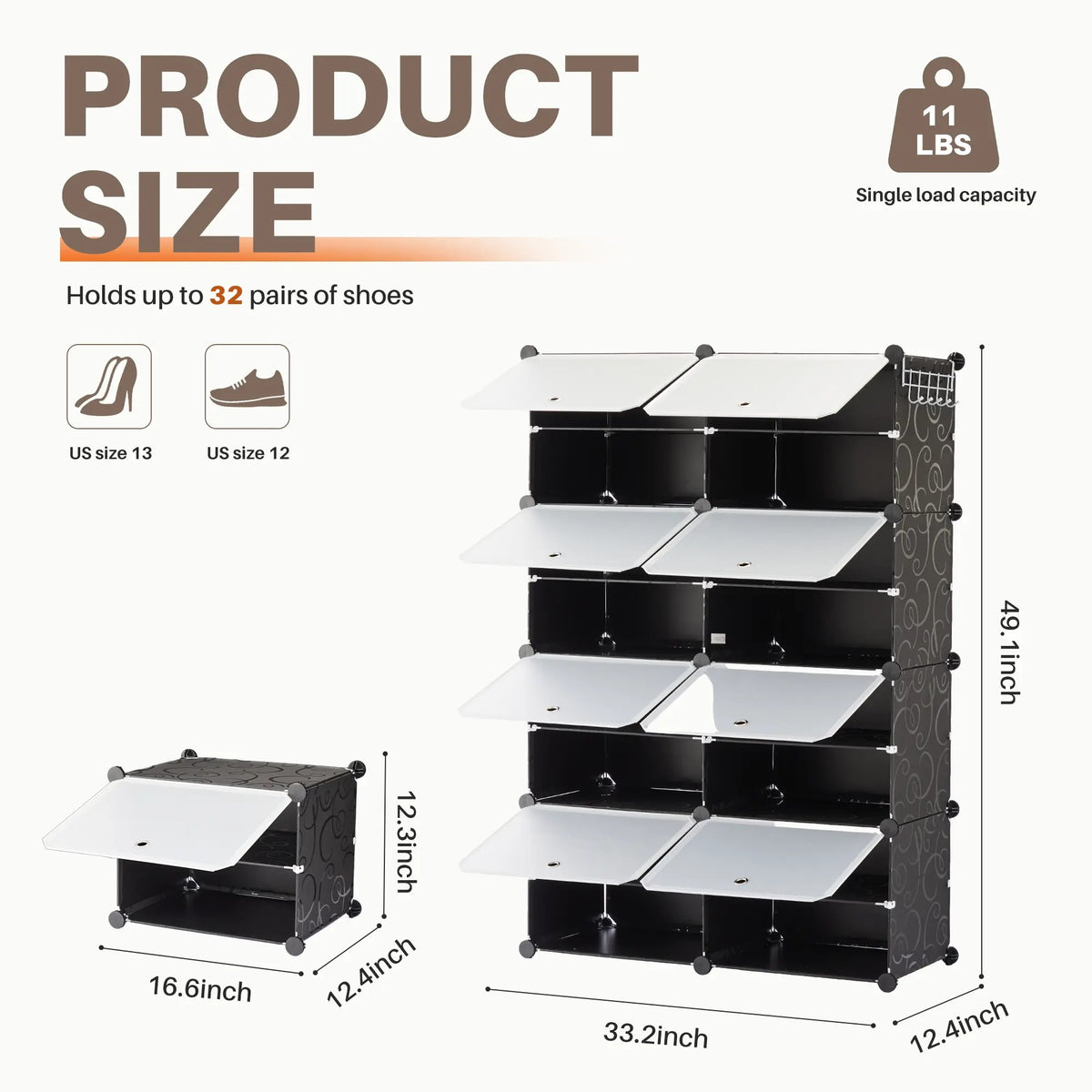 6/8-Tier Shoe Storage Organizer – Holds 24/32 Pairs, Sturdy Metal Frame with Side Hooks & Panel Shelves, Space-Saving Shoe Rack for Closets, Dorm Rooms, Apartments & Entryways