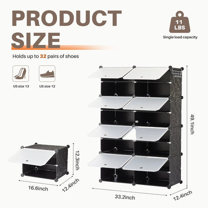 6/8-Tier Shoe Storage Organizer – Holds 24/32 Pairs, Sturdy Metal Frame with Side Hooks & Panel Shelves, Space-Saving Shoe Rack for Closets, Dorm Rooms, Apartments & Entryways