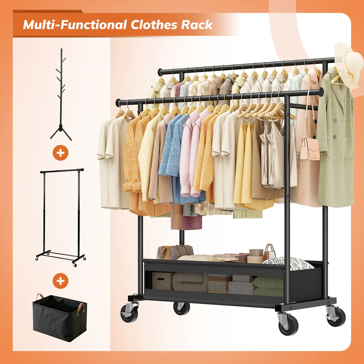Heavy Duty Clothing Racks with Net Pocket Holds Up to 210lbs,Double Rod Metal Clothes Rack for Hanging, Rolling Garment Rack with Wheels Portable Closet Racks for Bedroom, Laundry Room,Dorm, Black, White, Gold