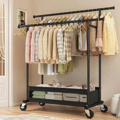 Heavy Duty Clothing Racks with Net Pocket Holds Up to 210lbs,Double Rod Metal Clothes Rack for Hanging, Rolling Garment Rack with Wheels Portable Closet Racks for Bedroom, Laundry Room,Dorm, Black, White, Gold