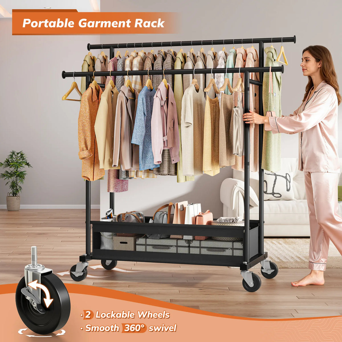 Heavy Duty Clothing Racks with Net Pocket Holds Up to 210lbs,Double Rod Metal Clothes Rack for Hanging, Rolling Garment Rack with Wheels Portable Closet Racks for Bedroom, Laundry Room,Dorm, Black, White, Gold